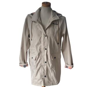 Elvessa women's hooded beige trench,  a plaid lining zipper & snap closure M/L